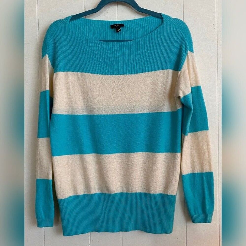 Ann Taylor Sweater Women’s Medium Blue White Striped Wool Cashmere Coastal Beach